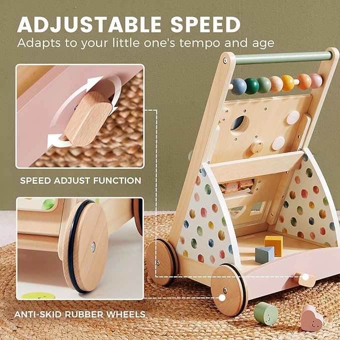 Adjustable speed wooden baby walker